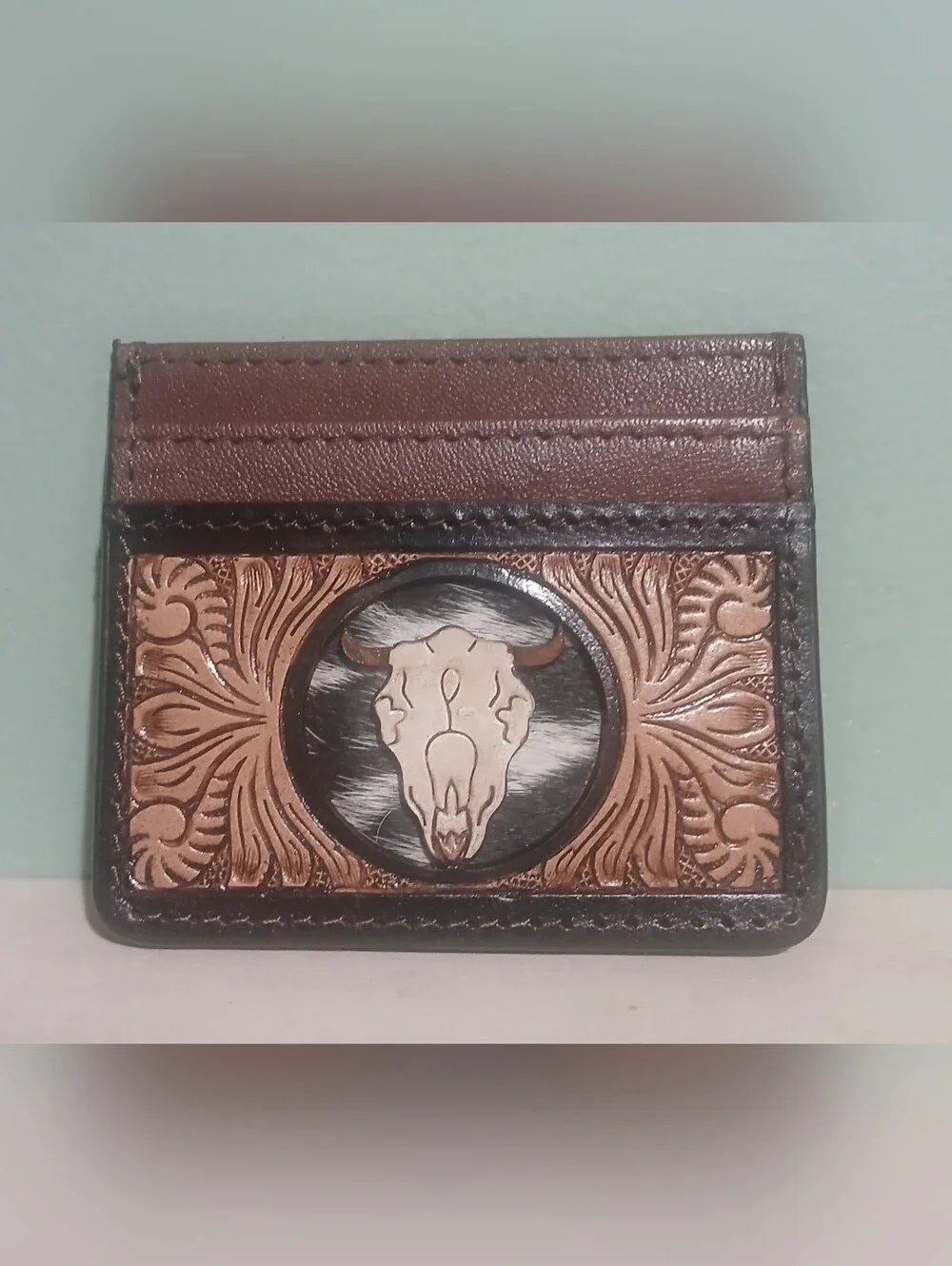 Hand-Tooled Brown Leather Card Wallet